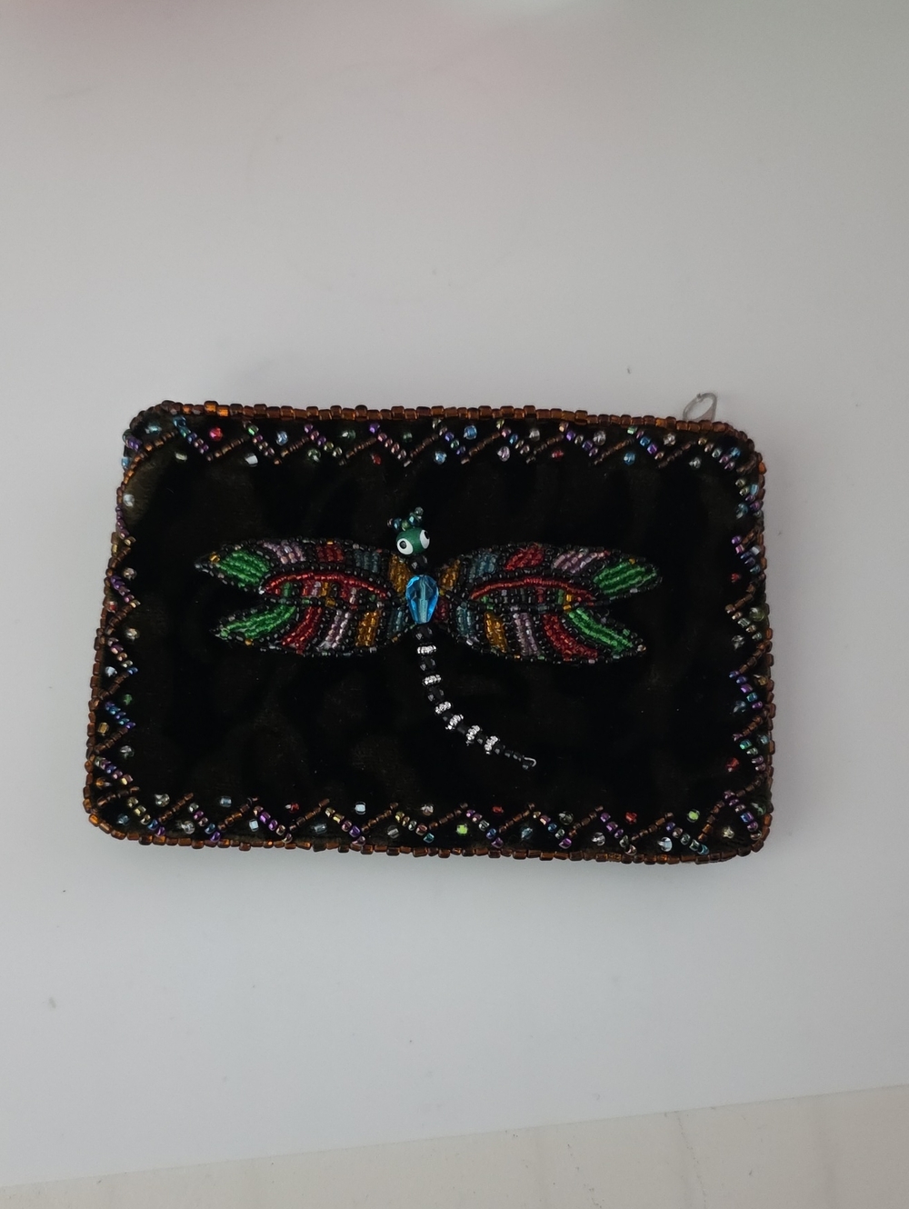 Beaded Dragonfly Coin Pouch Zippered - Black